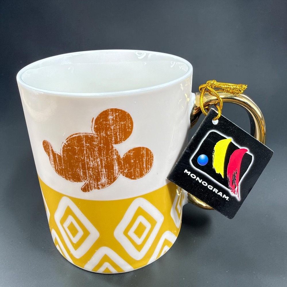 Disney Mickey Mouse Monogram Yellow Geometric Gold Handle Ceramic Mug New